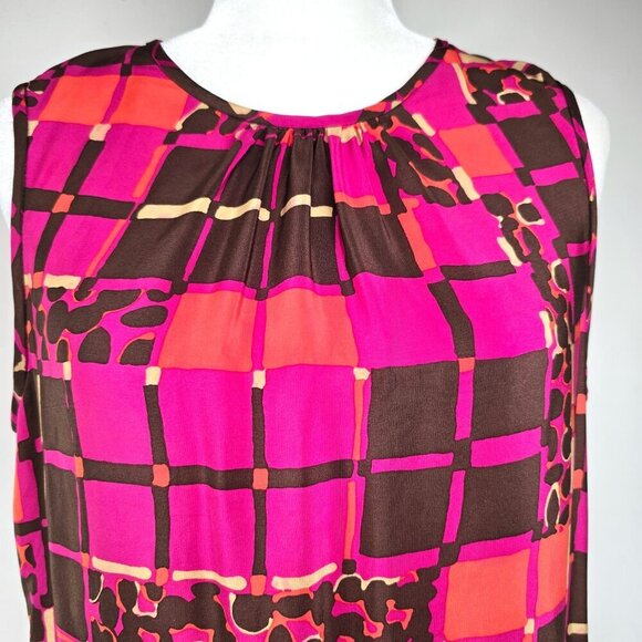 Trina Turk Pink Brown Silk Sleeveless Mod Rectangle Blouse - Picture 3 of 9